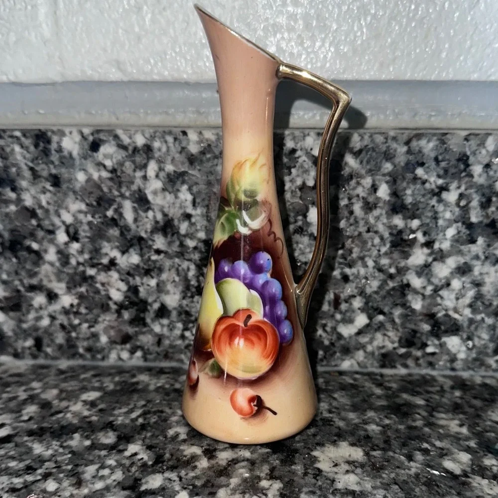 Lefton China Hand Painted Fruit Bud Vase Gold Handle NE2764 Vintage Japan Ewer